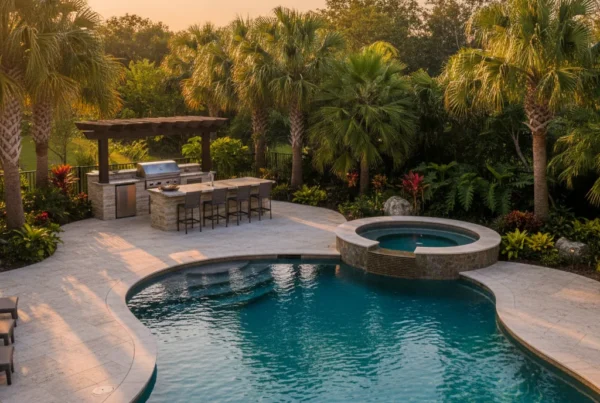 Custom pool and outdoor living area in Central Florida with tropical landscaping