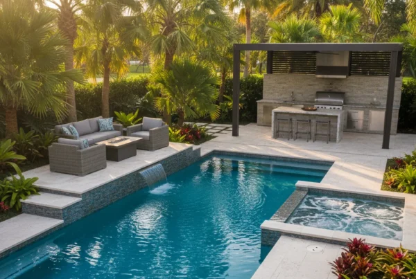 small inground pool with tropical landscaping in Central Florida backyard