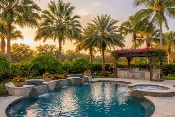 Custom pool and outdoor living area with tropical landscaping in Central Florida