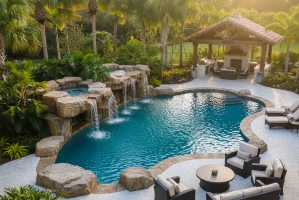 Custom natural rock pool with waterfall in Central Florida backyard