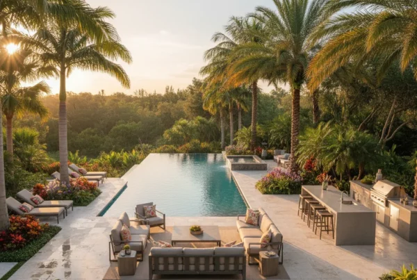 Custom infinity pool with tropical landscaping in Central Florida backyard