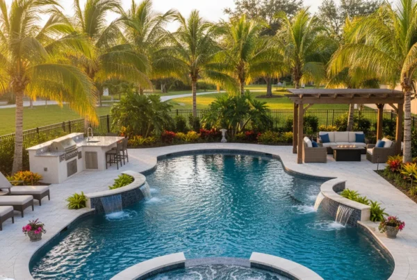 Custom pool and spa with tropical landscaping in Central Florida backyard