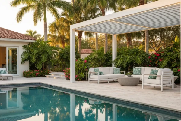 Custom pool deck with pergola and tropical landscaping in Central Florida