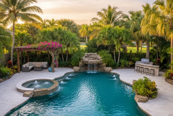 Custom pool with tropical landscaping in Central Florida backyard