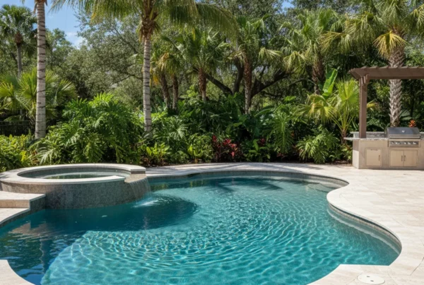 Custom pool with tropical landscaping in Central Florida under bright sunlight