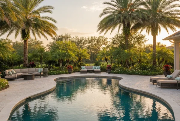 Custom pool with travertine coping and tropical landscaping in Central Florida