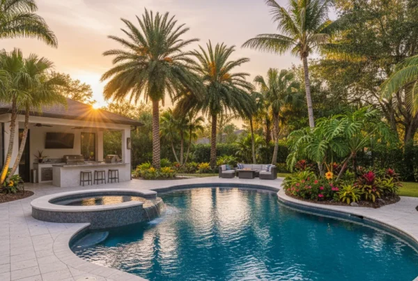 Custom pool and outdoor living area in Central Florida with palm trees